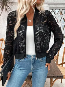 Detail of black floral lace see-through zip-up jacket on model