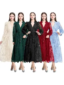 Robe en Polyester Brodée Élégante Française Avec Col en V Pour Femmes Robe Maxi Vintage à Manches Lanterne