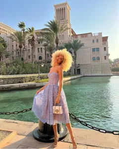 Elegant lavender lace strapless midi dress for women featured in a scenic outdoor setting