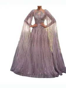 Lavender sequin mesh evening gown with elegant cape sleeves and floor-length hemline.