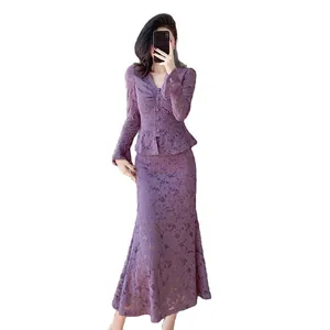 Elegant purple lace two-piece set featuring V-neck flare sleeve top and mermaid skirt