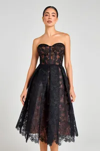 Front view of elegant black lace strapless corset midi dress with floral embroidery