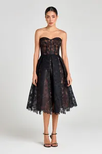 Elegant black lace strapless midi dress with corset bodice detail