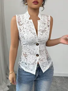 Elegant white sleeveless lace cardigan with hollow jacquard design and front buttons.