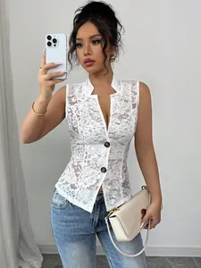 Elegant white floral lace sleeveless blouse featuring deep V-neck and button closure
