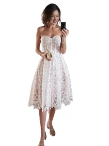Elegant white lace strapless A-line summer dress for women