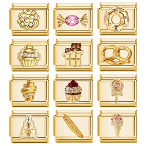 Close-up of golden Italian charms featuring miniature dessert designs with sparkly crystals.