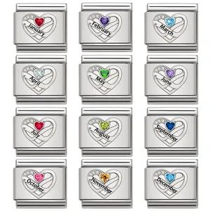 Roestvrij Staal Strass Hart Italiaanse Modulaire Armband Charm Link Geboortesteen Serie Januari Tot December Voor DIY Sieraden