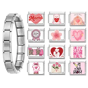 Stainless Steel Mother's Day Italian Modular Charm Link For DIY Bracelet Enamel Best Mom Ever Mama Jewelry Making Accessory