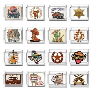 Set of Western-themed stainless steel Italian bracelet charms featuring cowboy motifs