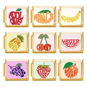 Link per Bracciale Modulare Italian Charm in Acciaio Inossidabile Placcato Oro Motivo Frutta in Smalto Fatto a Mano Gioielli DIY per Donna
