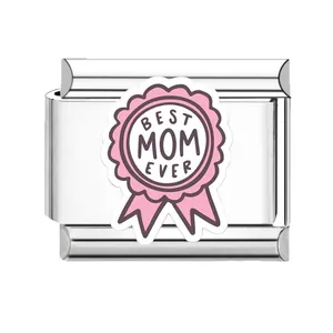 Detail view of pink Best Mom Ever award ribbon Italian modular charm for DIY bracelets