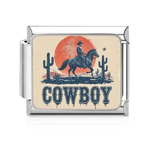 Close-up of a stainless steel Italian charm featuring a vintage cowboy illustration.