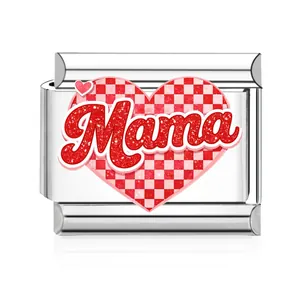 Close-up of red checkered heart Mama charm link for DIY Italian charm bracelets