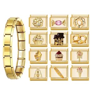 Detail view of gold Italian charm bracelet featuring various food-themed modular links