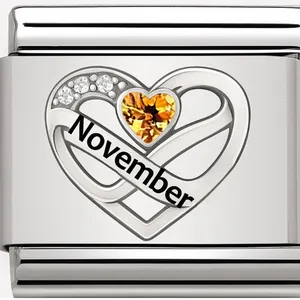 Roestvrijstalen modulaire hart bedel link met november gele geboortesteen en kristal