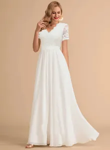 Elegant white V-neck lace bodice and flowing chiffon long evening gown for formal events