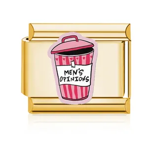 Golden stainless steel Italian charm link featuring a Men's Opinions trash can graphic