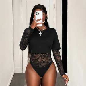 Sexy black long sleeve bodysuit featuring sheer floral lace patchwork and knit