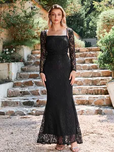 Full view of elegant black lace two-piece set with a maxi slip dress and sheer cardigan
