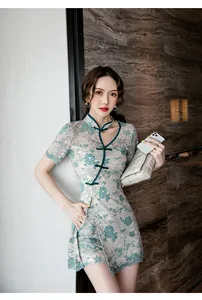 Elegant modern lace cheongsam two-piece set with intricate floral hollow design