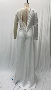 Elegant white asymmetric jumpsuit with pearl mesh detail and back zipper closure.