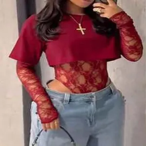 Elegant sexy burgundy lace bodysuit with long sleeves and solid knit crop top overlay