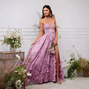 Elegant lavender floral maxi dress with high slit and tiered ruffle hem