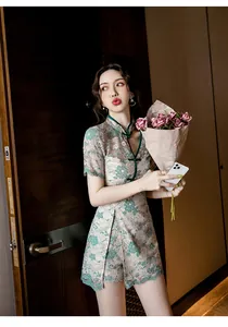 Elegant Chinese style improved Qipao lace set featuring a mandarin collar and floral patterns