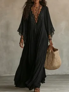 Elegant black lace V-neck maxi dress with bohemian batwing sleeves for resort wear