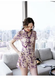 Detail view of modern purple floral lace cheongsam set featuring an elegant standing collar