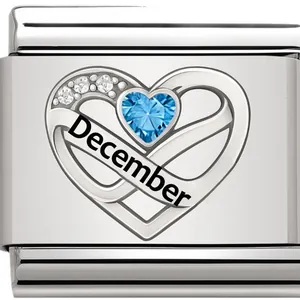 Roestvrijstalen hart bedel voor armband met blauwe december geboortesteen kristal