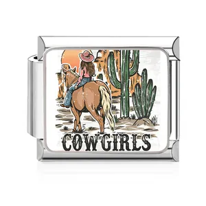 Detail view of a western cowgirl theme stainless steel Italian modular bracelet charm