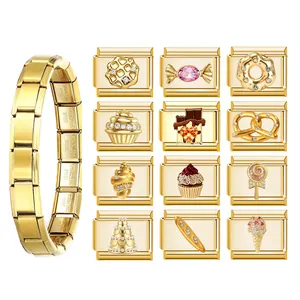 Detailed view of gold Italian modular bracelet links with assorted dessert charms