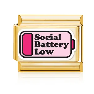 Gold stainless steel Italian charm link featuring 'Social Battery Low' design