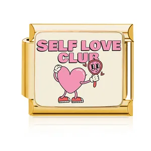 Gold stainless steel Italian charm link with Self Love Club heart illustration