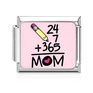 Detail view of pink Italian charm with 24/7 + 365 MOM pencil design