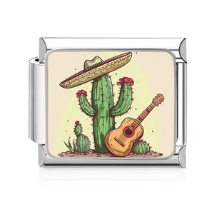 Stainless steel Italian modular charm link with cowboy cactus and guitar illustration