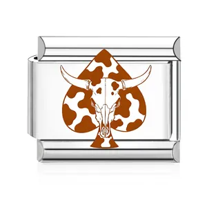 Close-up of western cowboy style bull skull and cow print spade modular charm