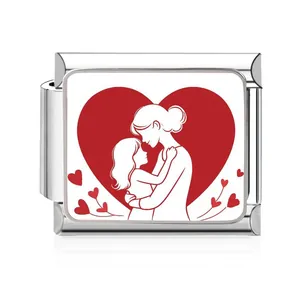 Close-up of stainless steel Italian charm with mother and daughter red heart design