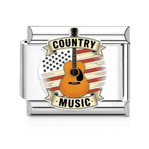 Detailed view of Italian modular charm link featuring a country music guitar and US flag design.