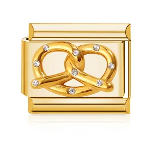 Gold-plated Italian modular bracelet charm link featuring a sparkling crystal pretzel design