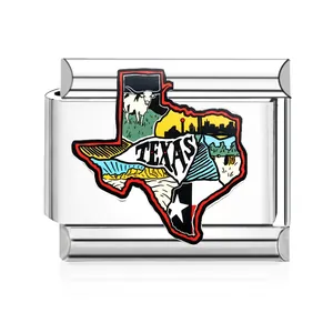 Detail of a stainless steel Texas map Italian charm link for modular jewelry bracelets