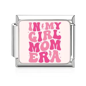 Stainless steel Italian modular charm link with pink In My Girl Mom Era design