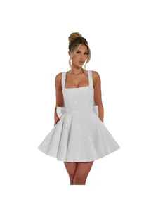 Elegant white sequined mini party dress with a large bow back and square neck