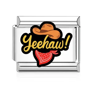 Close-up of stainless steel Italian charm link with Western cowboy Yeehaw design