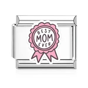 Close-up of stainless steel Italian charm link with pink Best Mom Ever award badge