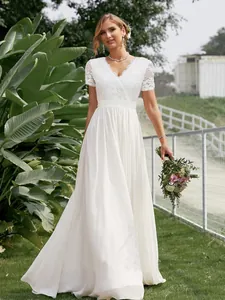 Elegant white lace and chiffon V-neck wedding gown with short sleeves and high waist