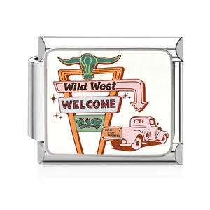 Close-up of stainless steel Italian charm featuring a vintage Wild West sign design