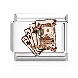 Detailed macro view of Italian charm link featuring Western cowboy cactus and cards design